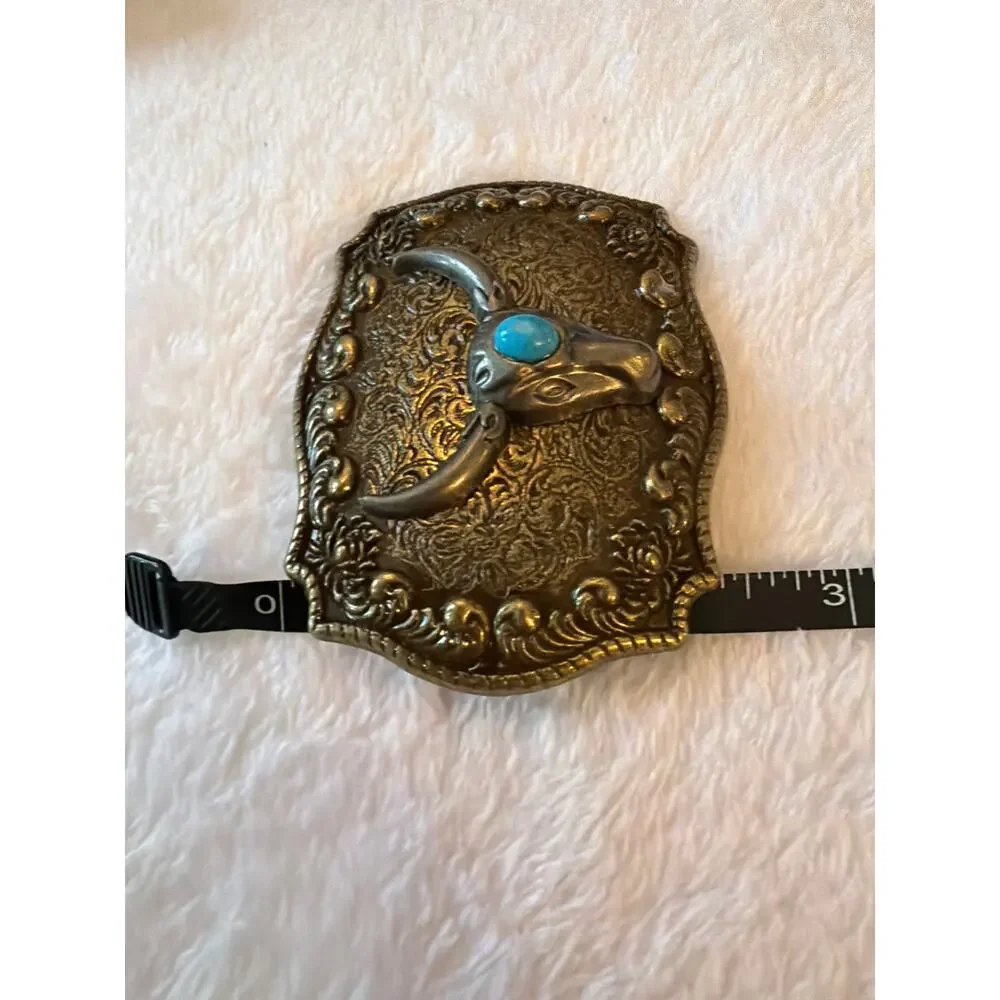 Western Longhorn Steer Skull Belt Buckle Faux Turquoise Antique Brass 3.8